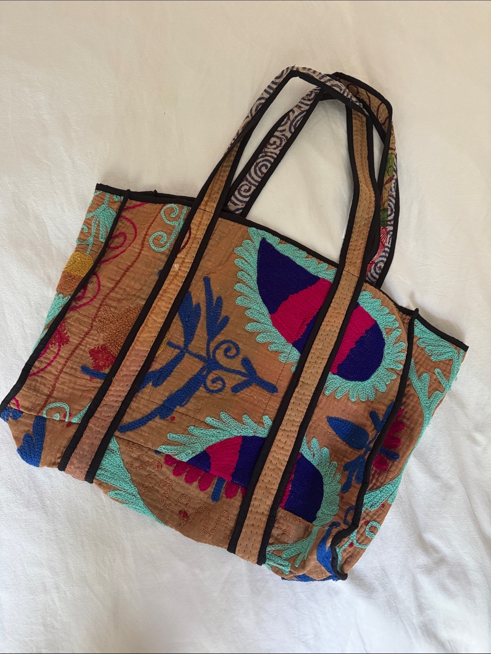 Caravan Bohemian Boutique Boho Floral Embroidered Tote Bag in Brown and Teal - Picture 1 of 11